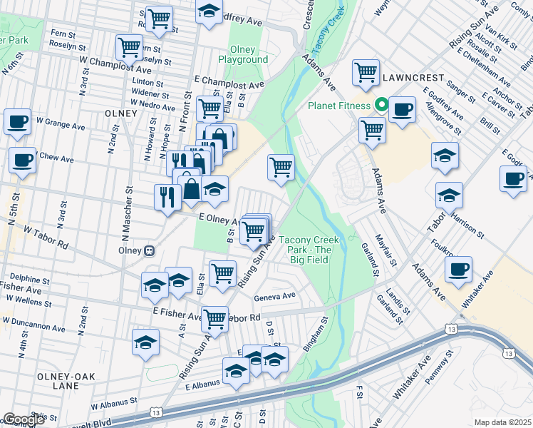 map of restaurants, bars, coffee shops, grocery stores, and more near 5618 Arbor Street in Philadelphia
