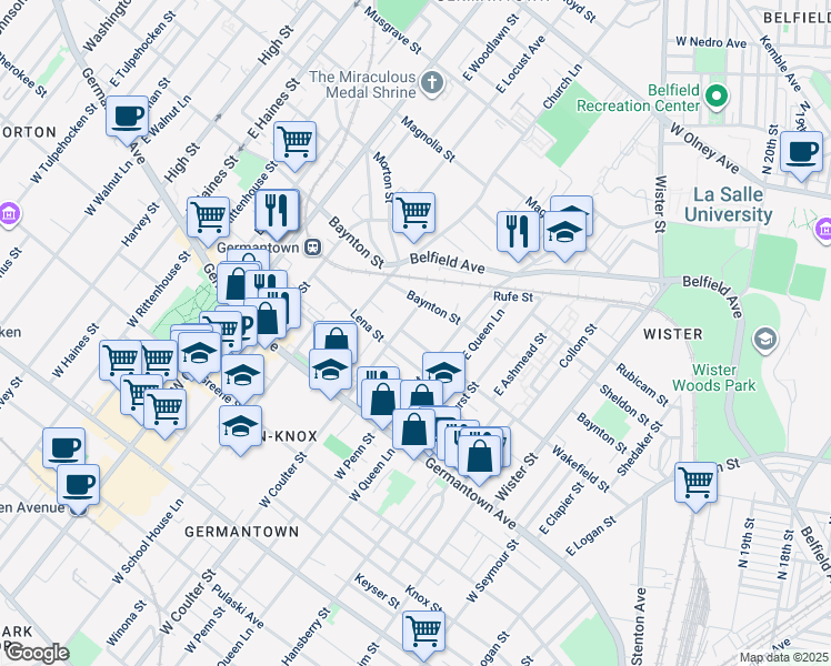 map of restaurants, bars, coffee shops, grocery stores, and more near 5331 Wakefield St in Philadelphia