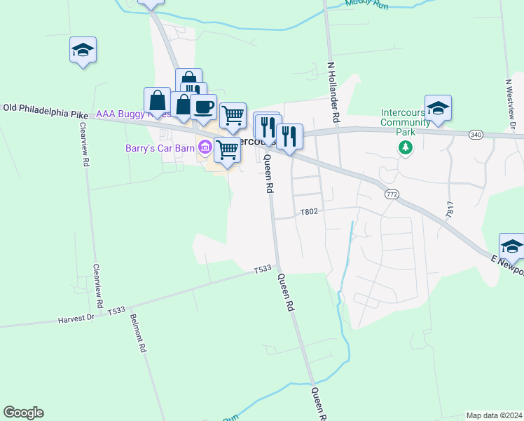 map of restaurants, bars, coffee shops, grocery stores, and more near 40 Queen Road in Gordonville