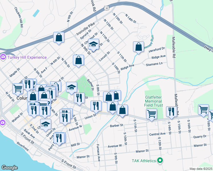map of restaurants, bars, coffee shops, grocery stores, and more near 842 Houston Street in Columbia