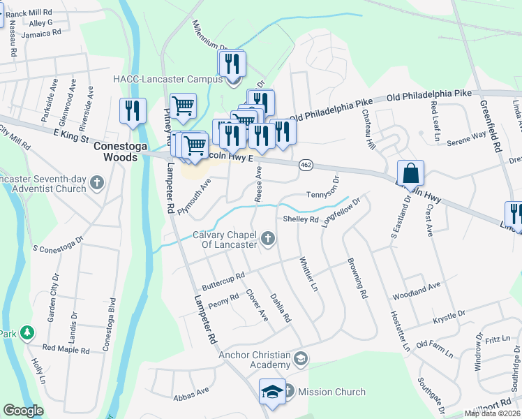 map of restaurants, bars, coffee shops, grocery stores, and more near 125 Reese Avenue in Lancaster
