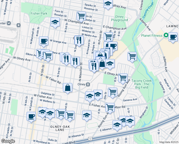 map of restaurants, bars, coffee shops, grocery stores, and more near 118 West Olney Avenue in Philadelphia