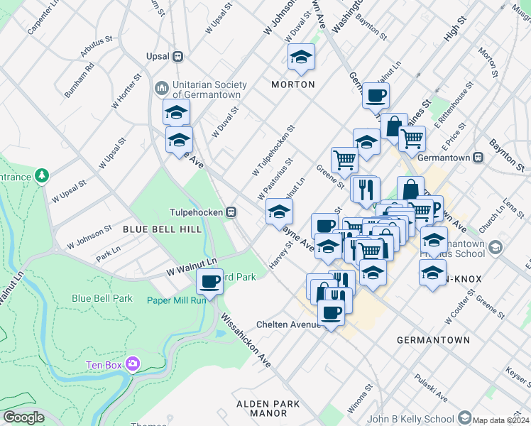 map of restaurants, bars, coffee shops, grocery stores, and more near 6105 Wayne Avenue in Philadelphia