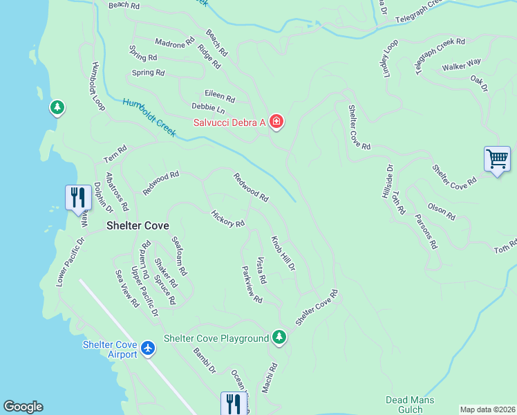 map of restaurants, bars, coffee shops, grocery stores, and more near 410 Redwood Road in Whitethorn