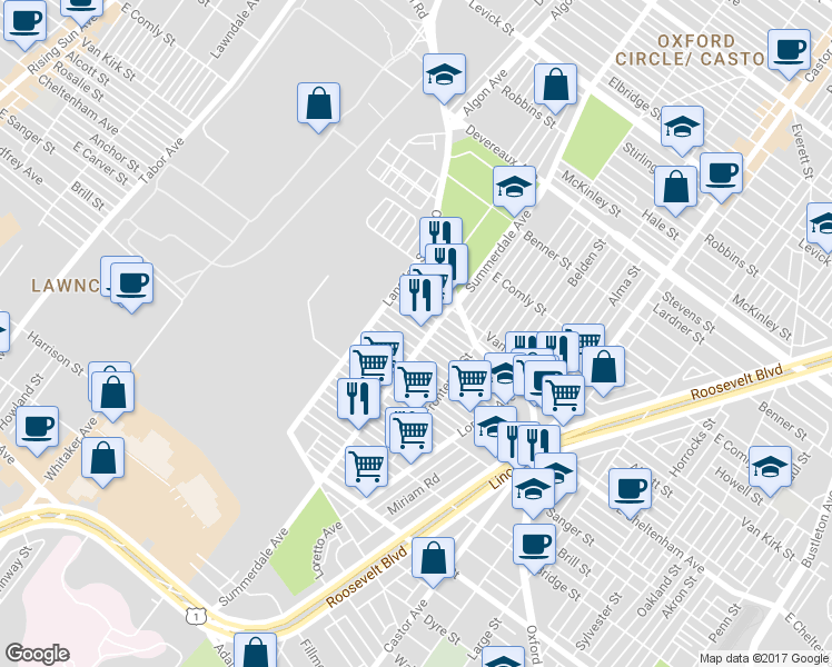 map of restaurants, bars, coffee shops, grocery stores, and more near 1042 Rosalie Street in Philadelphia