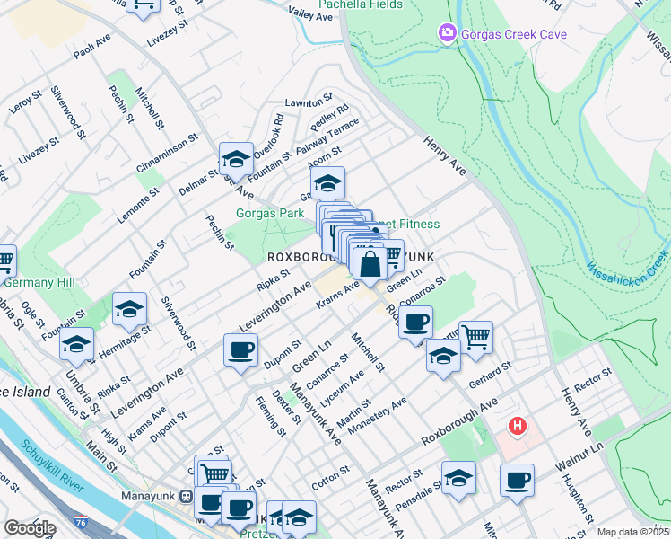 map of restaurants, bars, coffee shops, grocery stores, and more near 469 Leverington Avenue in Philadelphia