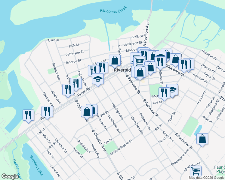 map of restaurants, bars, coffee shops, grocery stores, and more near 128 Cleveland Avenue in Riverside