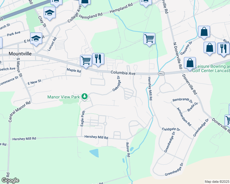 map of restaurants, bars, coffee shops, grocery stores, and more near 216 Oakridge Drive in Mountville