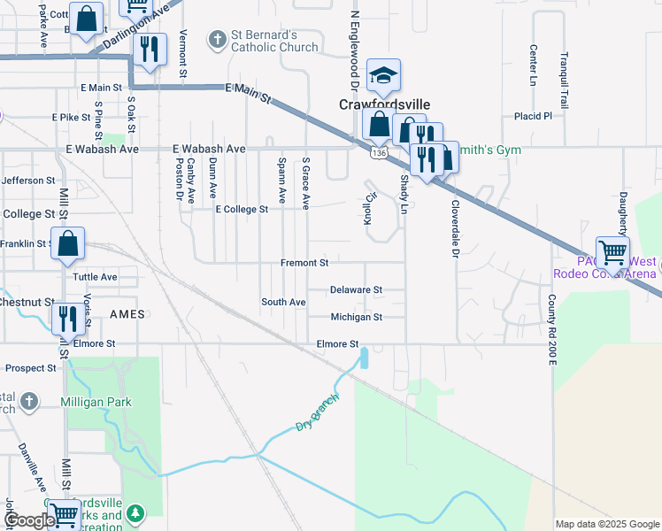 map of restaurants, bars, coffee shops, grocery stores, and more near 1809 Fremont Street in Crawfordsville