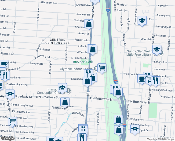 map of restaurants, bars, coffee shops, grocery stores, and more near 562 Piedmont Road in Columbus