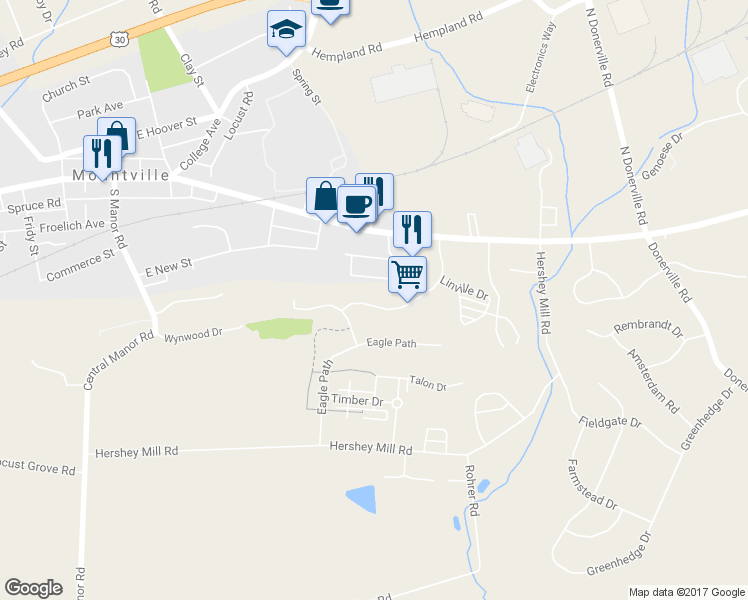 map of restaurants, bars, coffee shops, grocery stores, and more near 319 Oakridge Drive in Mountville