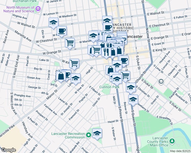 map of restaurants, bars, coffee shops, grocery stores, and more near 421 Saint Joseph Street in Lancaster