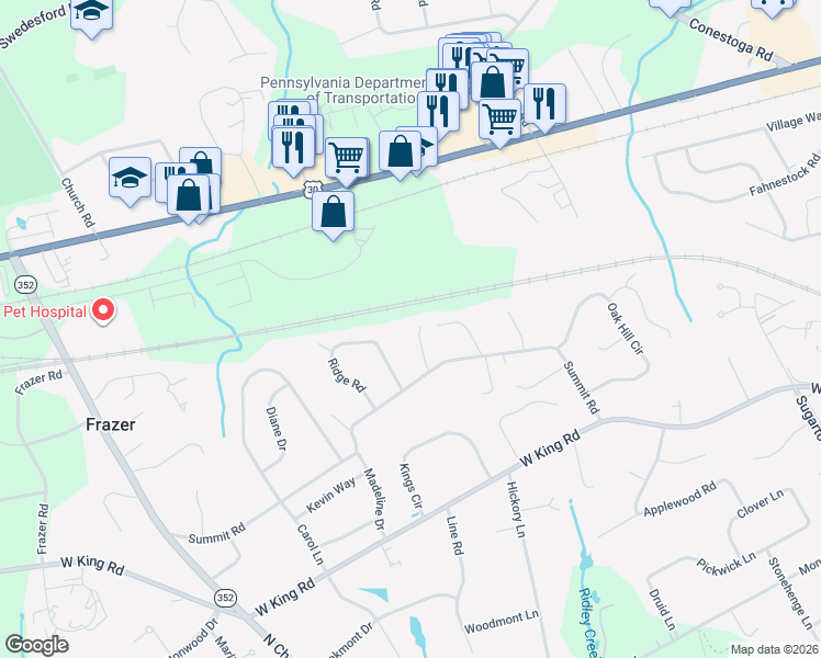 map of restaurants, bars, coffee shops, grocery stores, and more near 8 Ridgewood Drive in Malvern