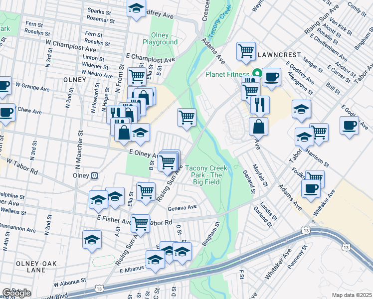 map of restaurants, bars, coffee shops, grocery stores, and more near 5626 Rising Sun Avenue in Philadelphia