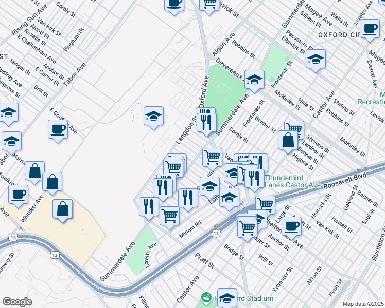 map of restaurants, bars, coffee shops, grocery stores, and more near 1042 Rosalie Street in Philadelphia