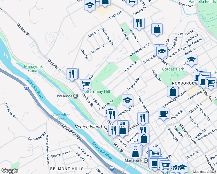 map of restaurants, bars, coffee shops, grocery stores, and more near 203 Lemonte Street in Philadelphia