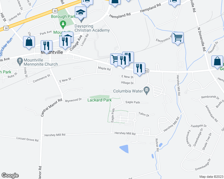 map of restaurants, bars, coffee shops, grocery stores, and more near 148 Acorn Lane in Mountville