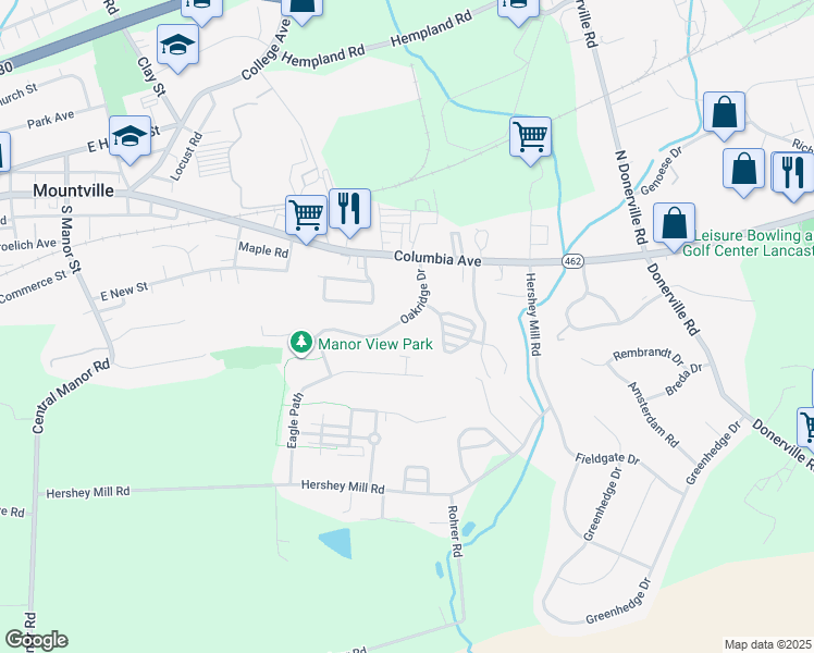 map of restaurants, bars, coffee shops, grocery stores, and more near 218 Oakridge Drive in Mountville