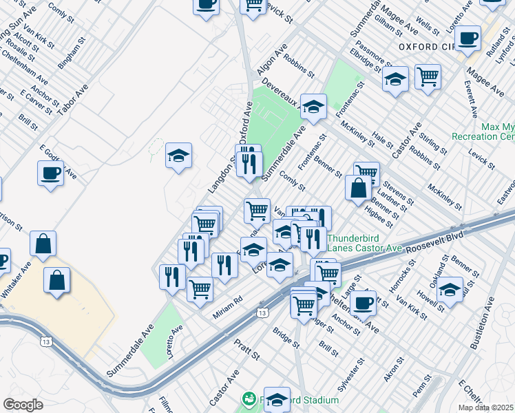 map of restaurants, bars, coffee shops, grocery stores, and more near 1125 Alcott Street in Philadelphia
