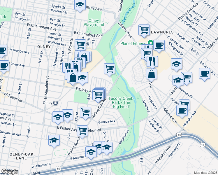 map of restaurants, bars, coffee shops, grocery stores, and more near 5626 Rising Sun Avenue in Philadelphia