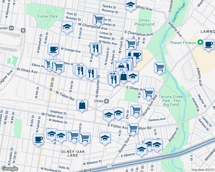 map of restaurants, bars, coffee shops, grocery stores, and more near 124 West Olney Avenue in Philadelphia