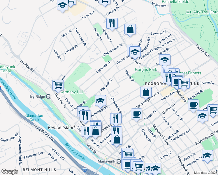 map of restaurants, bars, coffee shops, grocery stores, and more near 4791 Silverwood Street in Philadelphia