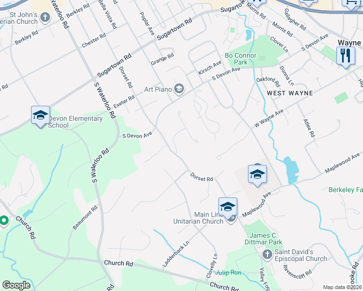 map of restaurants, bars, coffee shops, grocery stores, and more near 608 Longchamps Drive in Devon