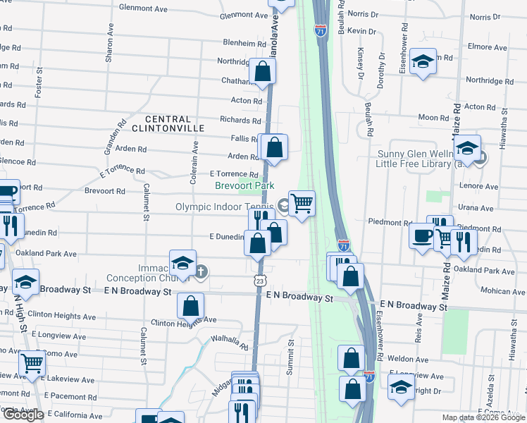 map of restaurants, bars, coffee shops, grocery stores, and more near Indianola Avenue in Columbus