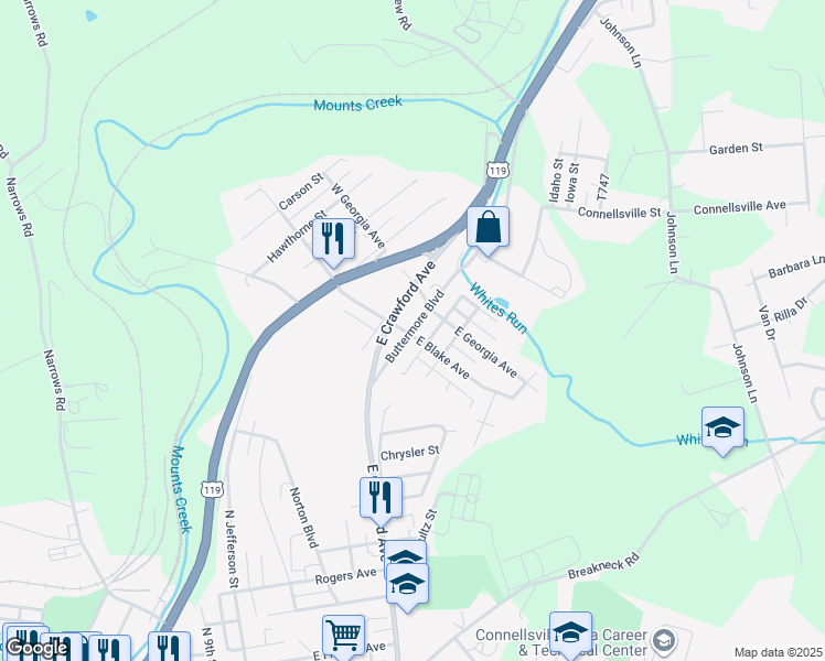 map of restaurants, bars, coffee shops, grocery stores, and more near 206 East Blake Avenue in Connellsville