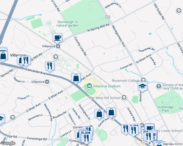 map of restaurants, bars, coffee shops, grocery stores, and more near 104 North Ithan Avenue in Bryn Mawr