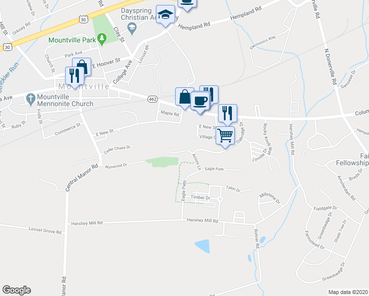 map of restaurants, bars, coffee shops, grocery stores, and more near 147 Acorn Lane in Mountville