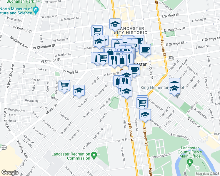 map of restaurants, bars, coffee shops, grocery stores, and more near 401 Poplar Street in Lancaster