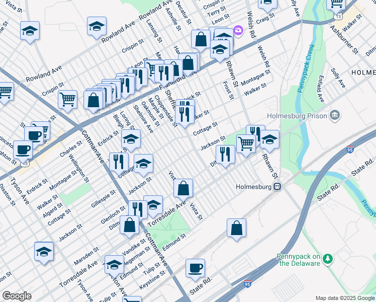 map of restaurants, bars, coffee shops, grocery stores, and more near 4439 Marple Street in Philadelphia