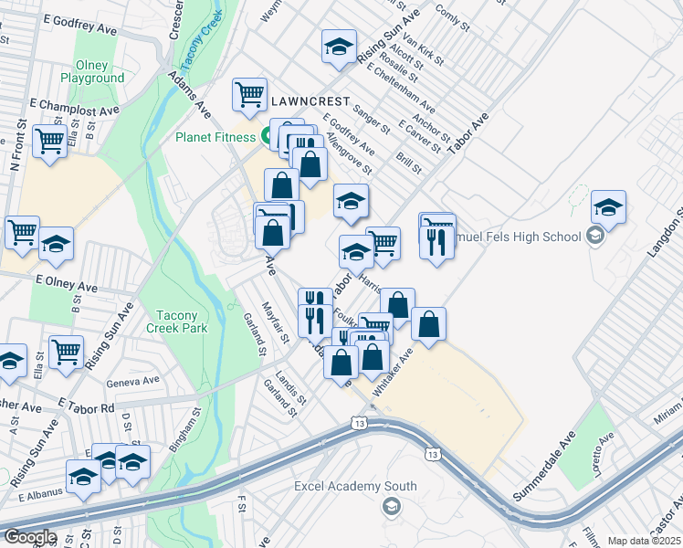 map of restaurants, bars, coffee shops, grocery stores, and more near 5442 Tabor Avenue in Philadelphia