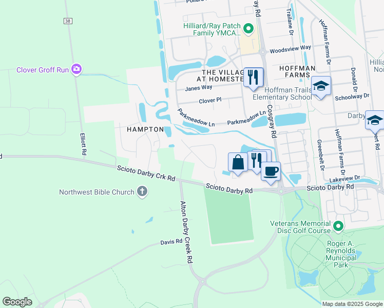 map of restaurants, bars, coffee shops, grocery stores, and more near 4167 Green Clover Drive in Hilliard