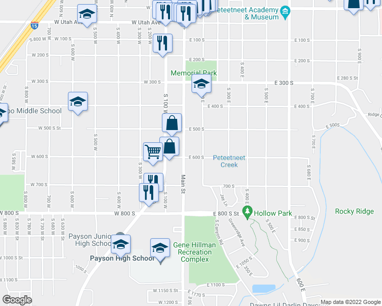 map of restaurants, bars, coffee shops, grocery stores, and more near 589 South Main Street in Payson