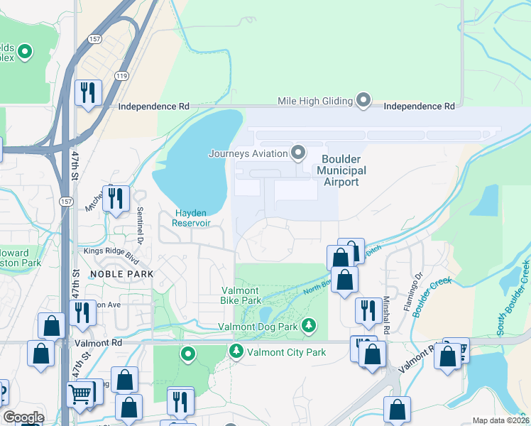 map of restaurants, bars, coffee shops, grocery stores, and more near 5330 Airport Road in Boulder