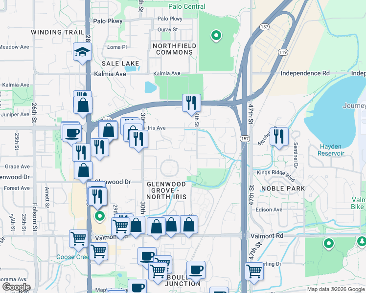 map of restaurants, bars, coffee shops, grocery stores, and more near 3300 Bridger Trail in Boulder