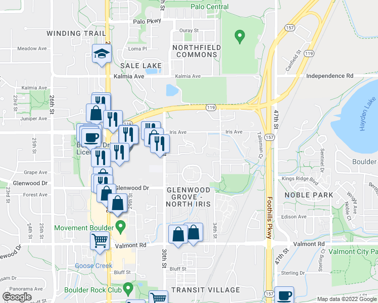 map of restaurants, bars, coffee shops, grocery stores, and more near 3120 Corona Trail in Boulder