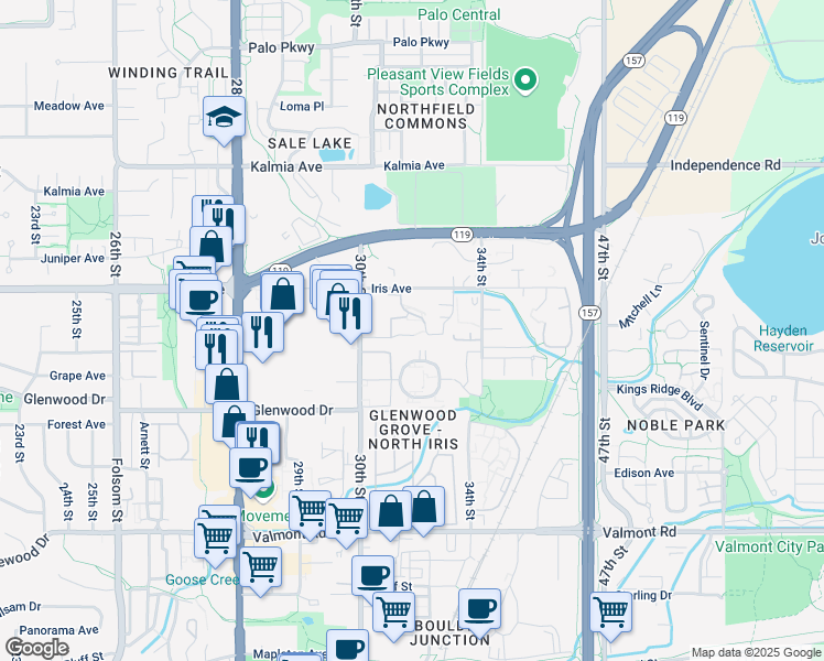 map of restaurants, bars, coffee shops, grocery stores, and more near 3120 Corona Trail in Boulder