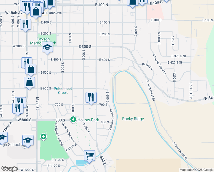 map of restaurants, bars, coffee shops, grocery stores, and more near 687 East 600 South in Payson