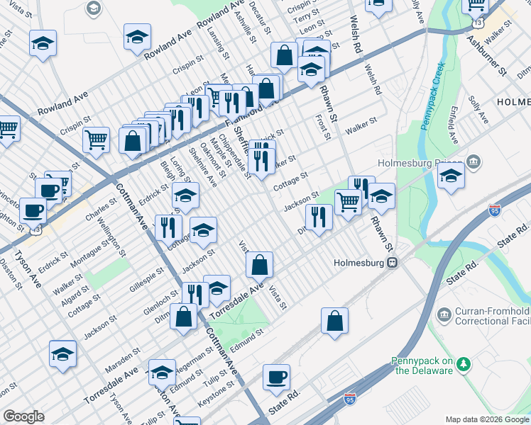 map of restaurants, bars, coffee shops, grocery stores, and more near 4501 Marple Street in Philadelphia