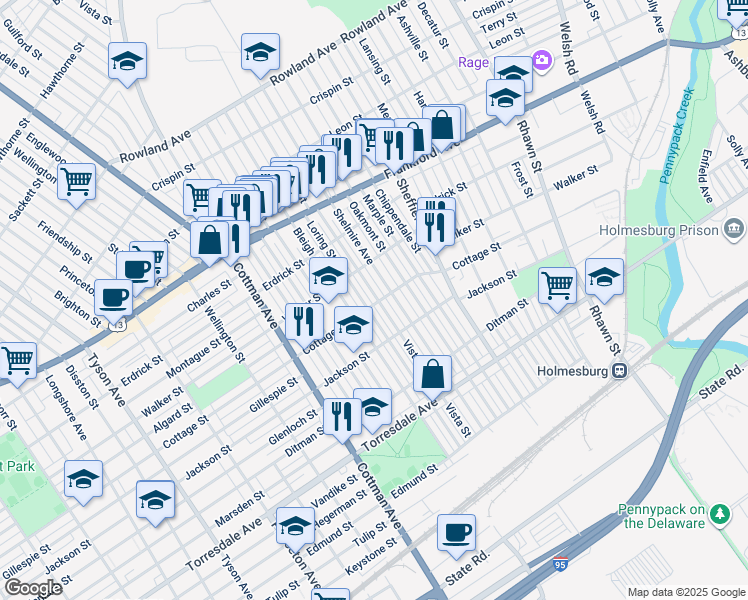 map of restaurants, bars, coffee shops, grocery stores, and more near 4401 Loring Street in Philadelphia