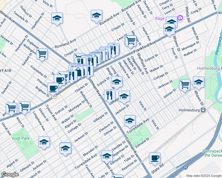 map of restaurants, bars, coffee shops, grocery stores, and more near 4240 Aldine Street in Philadelphia