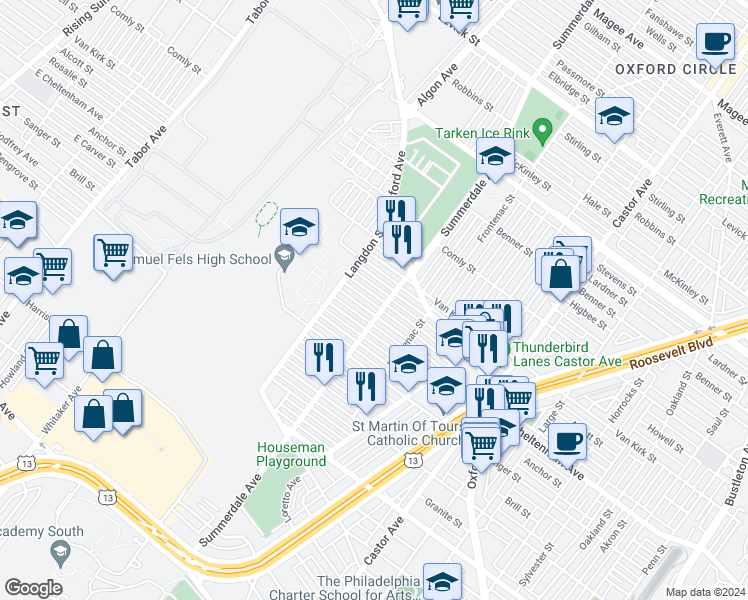 map of restaurants, bars, coffee shops, grocery stores, and more near 1036 East Cheltenham Avenue in Philadelphia
