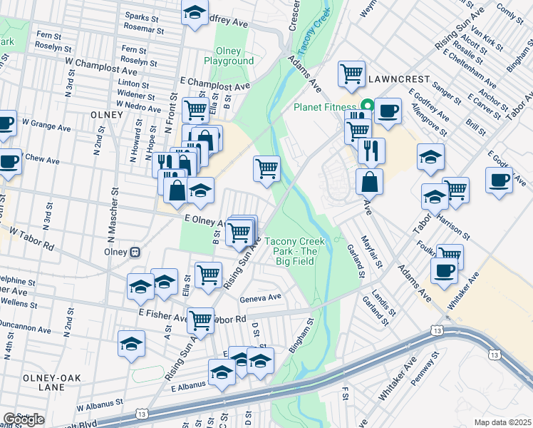 map of restaurants, bars, coffee shops, grocery stores, and more near 5628 Rising Sun Avenue in Philadelphia
