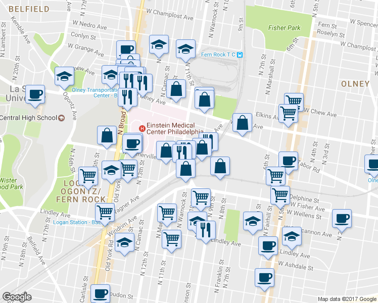 map of restaurants, bars, coffee shops, grocery stores, and more near 5420 North Warnock Street in Philadelphia