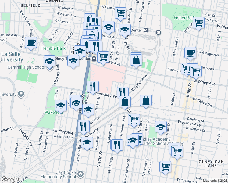 map of restaurants, bars, coffee shops, grocery stores, and more near 5420 North Marvine Street in Philadelphia
