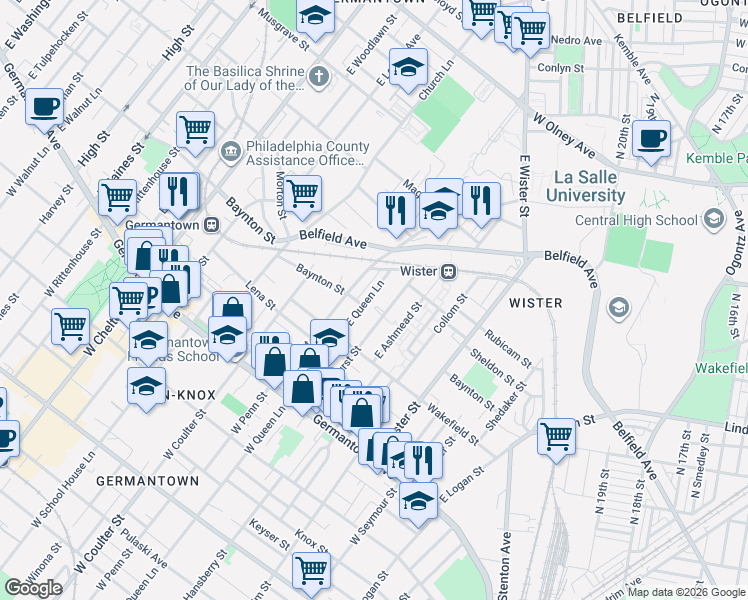 map of restaurants, bars, coffee shops, grocery stores, and more near 252 East Queen Lane in Philadelphia