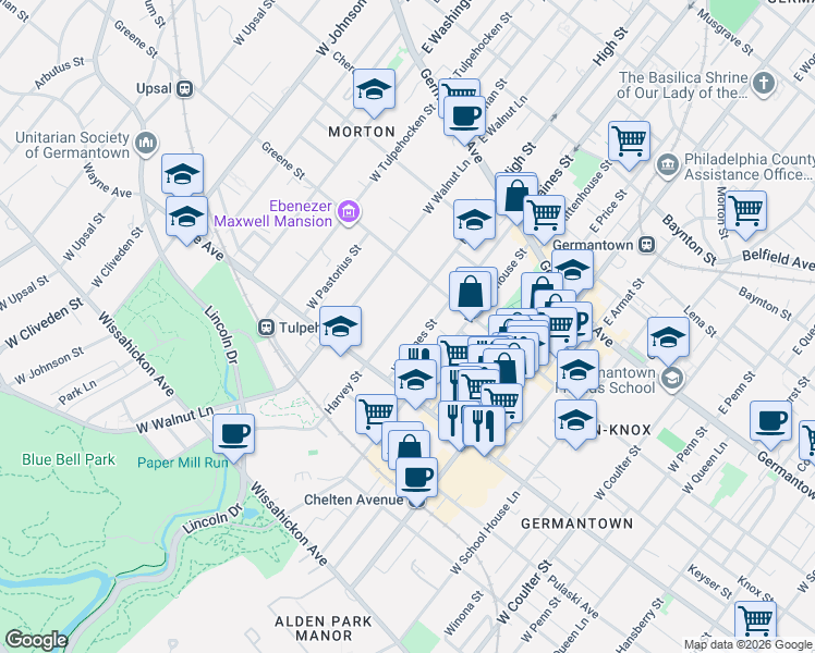 map of restaurants, bars, coffee shops, grocery stores, and more near 256 Harvey Street in Philadelphia